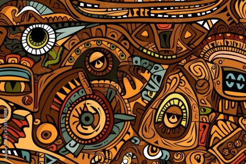 Cartoon cute doodles illustrating African tribal art elements, seamlessly combined to form a detailed and symbolic seamless design, Generative AI
