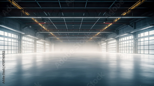 Interior of empty industrial space as advertisement background. Postproducted generative AI illustration.