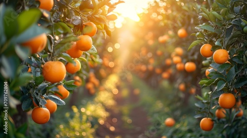 Fruit farm with many trees and natural sunlight, orange fruit farm 