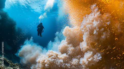 Diver witnessing the annual coral spawning event surrounded by a cloud of coral gametes.