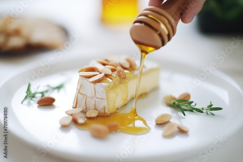 camembert with honey drizzle and slivered almonds, ready to serve