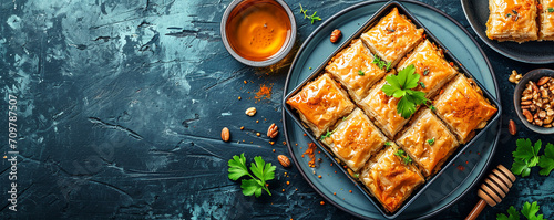Baklava is a sweet pastry with layers of phyllo dough, nuts, and honey or syrup. Ramadan holiday