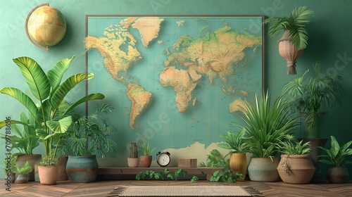 Map world on a wooden board, Wanderlust, Travel, World Map Icon, Travel Essentials, Earthy Tones, Greens, Warm Travel Lamp Light