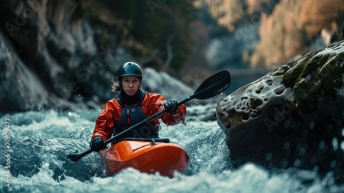 kayaker with whitewater kayaking, down a white water rapid river in the mountain