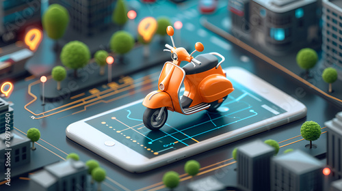 Ecommerce, Standard or Extended Fast delivery package by scooter on mobile phone. Order package in E-commerce by app. Tracking courier by map application. Three dimensional concept.
