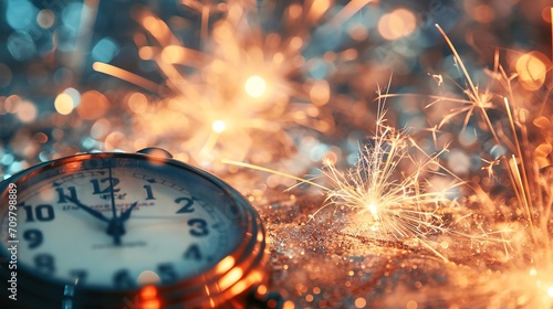 Beautiful fireworks in the background, with a clock marking the final seconds before the New Year 2025. 