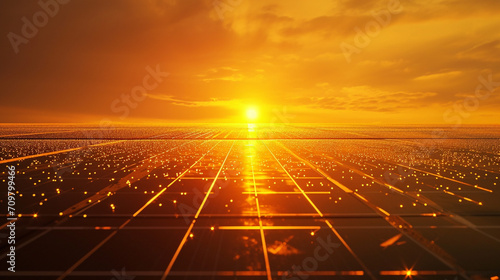 Illustration of a black futuristic field of sola panelsr, bright yellow-orange futuristic background with the sun.