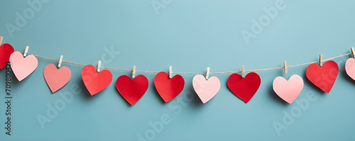 A handmade garland of red paper hearts on a blue background. Valentine's Day, birthday, wedding, anniversary, party concept banner with copy space. Children's paper crafts with parents.