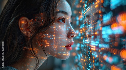 woman is looking at a graphical pattern with code computer on her face staring out at data