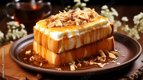 Caramel cake with caramel and nuts on a brown plate on a wooden background.