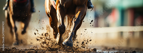Dust under the horse's hooves. Legs of a galloping horse.