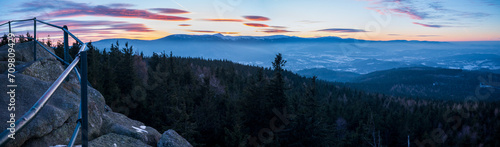 Winter panorama of the Karkonosze Mountains from the Skalnik peak in the Rudawy Janowickie mountains - sunset over the Śnieżka peak