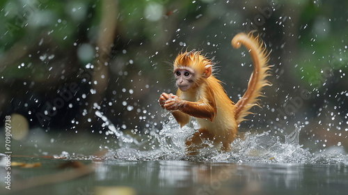 Golden monkey playing in the water