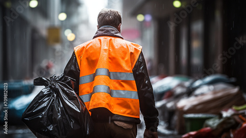 back photography of a worker wearing orange vest and gloves with trash bag created with Generative Ai