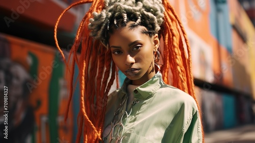 Young african american woman with dreadlocks. Black woman with dreads in the street. Stylish woman.