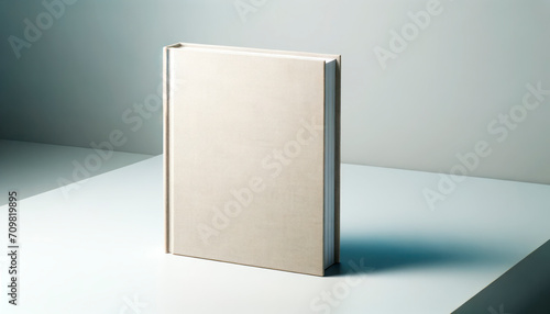 Beige book standing on a clean surface with shadow play. Minimalist design. Generative AI