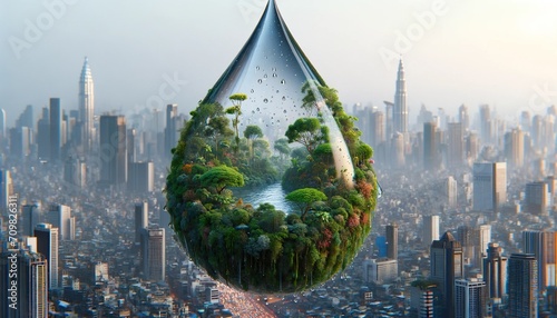 Forest in drops of water falling on a polluted city