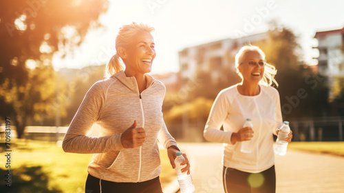 Two happy senior people jogging in a park in summer