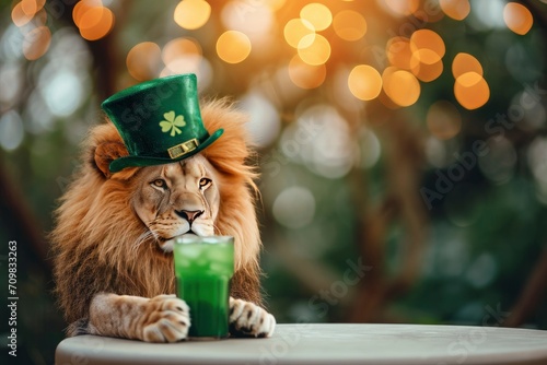 A little lion wearing a St Patrick's hat holding a green drink in a bokeh background.