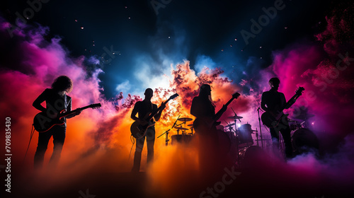 Band Silhouette. View of stage during rock concert with musical instruments and scene stage lights, rock show performance. Electric guitar.