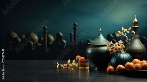 A lantern is placed on a wooden table with a beautiful background for the Muslim feast of the holy month of Ramadan Kareem. Eid ul Fiter, Eid ul Adha, Islamic wallpaper and background