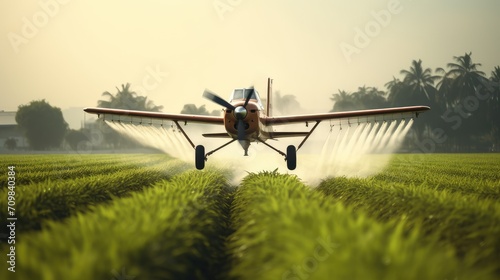 Crop Duster plane spraying crops. Spraying chemicals for accelerated crop growth. Dirty agribusiness.