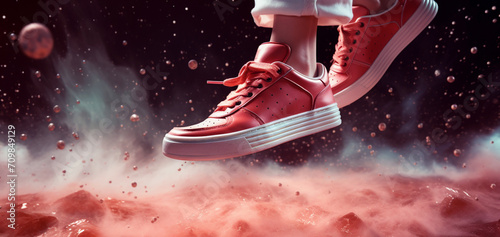 Red sneakers in space, generative AI