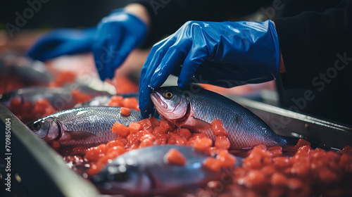 Group of seafood processing staff working with fresh sardines in plant