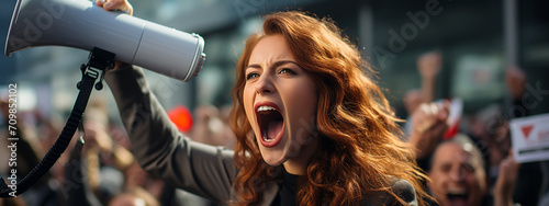 Young businesswoman yelling over megaphone
