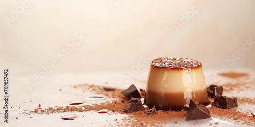 Closeup cake chocoflan, flan with chocolate powder, choco mousse sponge cake, delicious sweet dessert on kitchen background with copy space.