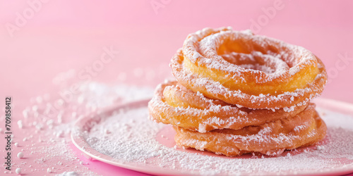 Funnel Cake on kitchen pink background with copy space. Sweet fried cake twists.