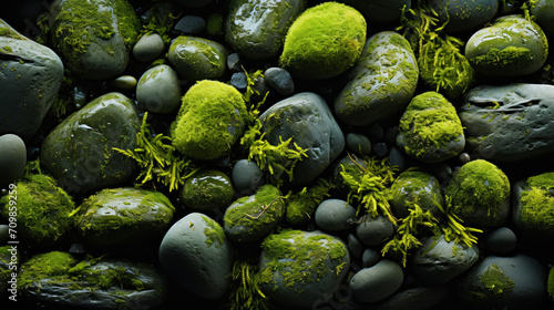 Professional closeup photo of a stone softened by a blanket of bright green moss. Contrasting background. Generative AI