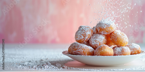 Sugared Beignets on Festive Morning. Warm beignets dusted with sugar, cozy holiday dessert on pink background with copy space.