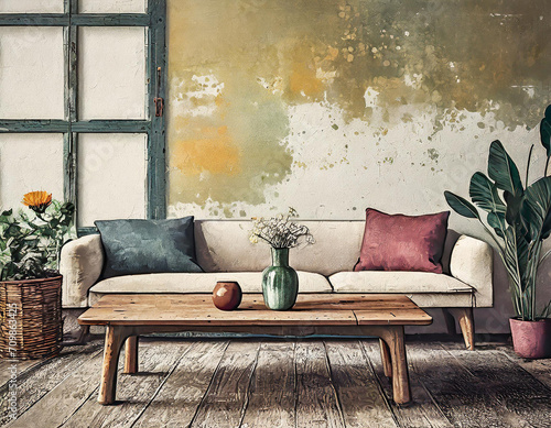 Modern farmhouse living room arrangement with comfortable seating and a distressed wooden table. The mockup wall introduces a dynamic element, allowing for personalized displays within the cozy and ru