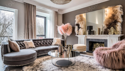 Modern glam living room retreat. Neutral palette, metallic accents. Plush furniture, glamorous decor. Feminine touches like faux fur throws and mirrored accessories add a touch of glam.