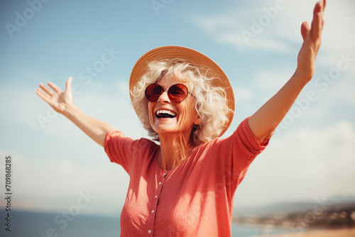 a senior woman lifts her hands and laughing enjoy the weather on a sunny day