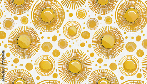 Abstract yellow suns seamless pattern on white background. Geometric circle repeat pattern in minimalist style. Farbric, paper, clothing summer design