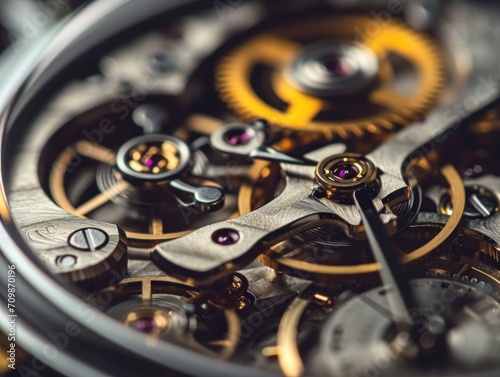 Mechanical watch inside with spring mechanism and gears rotating extreme macro.