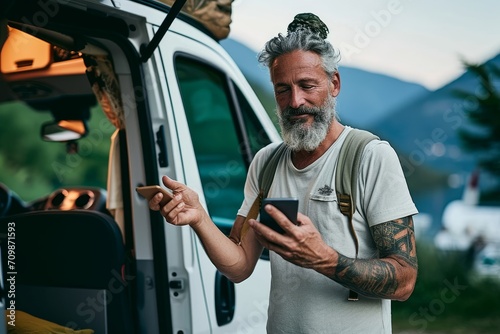 Mature tattooed man standing near rv camper van on vacation using mobile phone. Smiling mature active traveler holding smartphone enjoying free internet in camping tourism nature, Generative AI