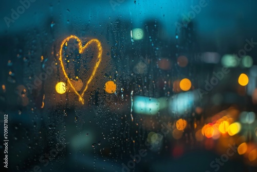 A heart drawn on the foggy glass with the lights of the night city behind the glass