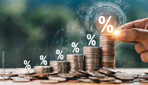 Growth of percentage sign on increasing coins stacking for increase interest financial banking and business investment profit dividend growth concept.