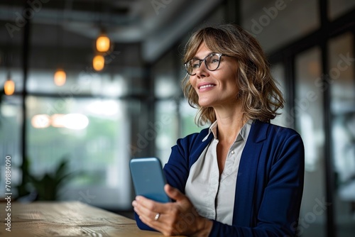 Happy mature business woman executive holding cell phone looking away in office. Smiling mid aged 40s professional businesswoman manager entrepreneur using cellphone working on smartphone.GenerativeAI