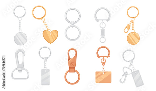 Set of metal keychain with ring and chain vector illustration isolated on white background