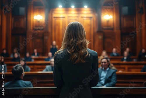 Court of Justice and Law Trial: A female prosecutor successfully presents her case and gives an enthusiastic speech to the judge and jury.