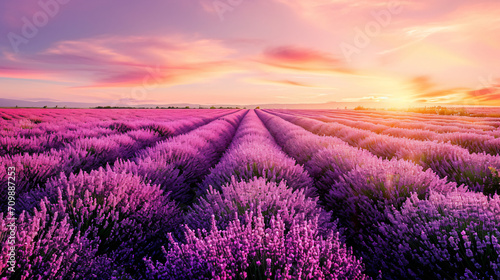 Sunset over a blooming lavender field with rows of purple flowers and a colorful sky.