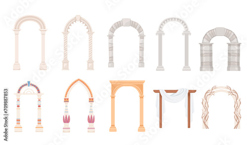 Set of architecture arch with columns ancient pillars ornament vector illustration isolated on white background