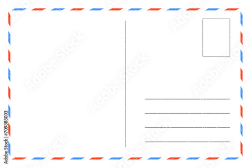 blank postcard template with place for stamp. white paper texture. airmail postcard with red and blue border