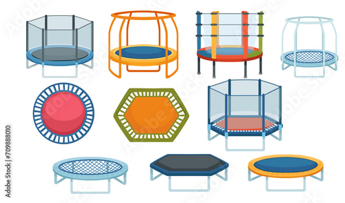 Set of trampoline bounce platform for children with safety net cage vector illustration isolated on white background