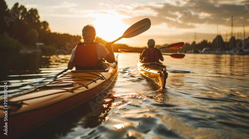 Senior couple kayaking on the lake together at sunset