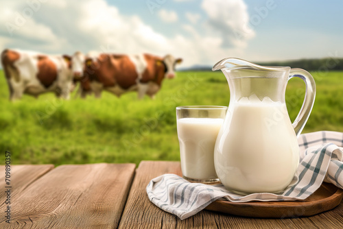 milk jug with glasses of milk on a wooden background with grazing cows in the background